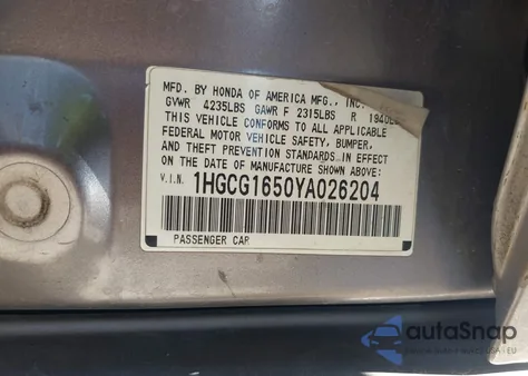 2000 Honda Accord 3.0 Ex из США, поврежденный, VIN 1HGCG1650YA026204